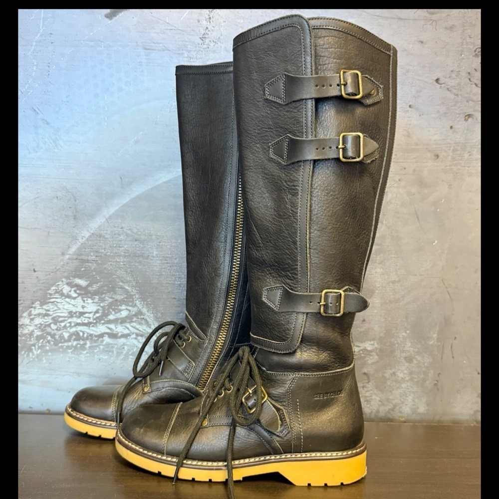 See By Chloé Tall Moto Combat Boots Women's EU 36 US5.5 Black Leather Chunky Lug